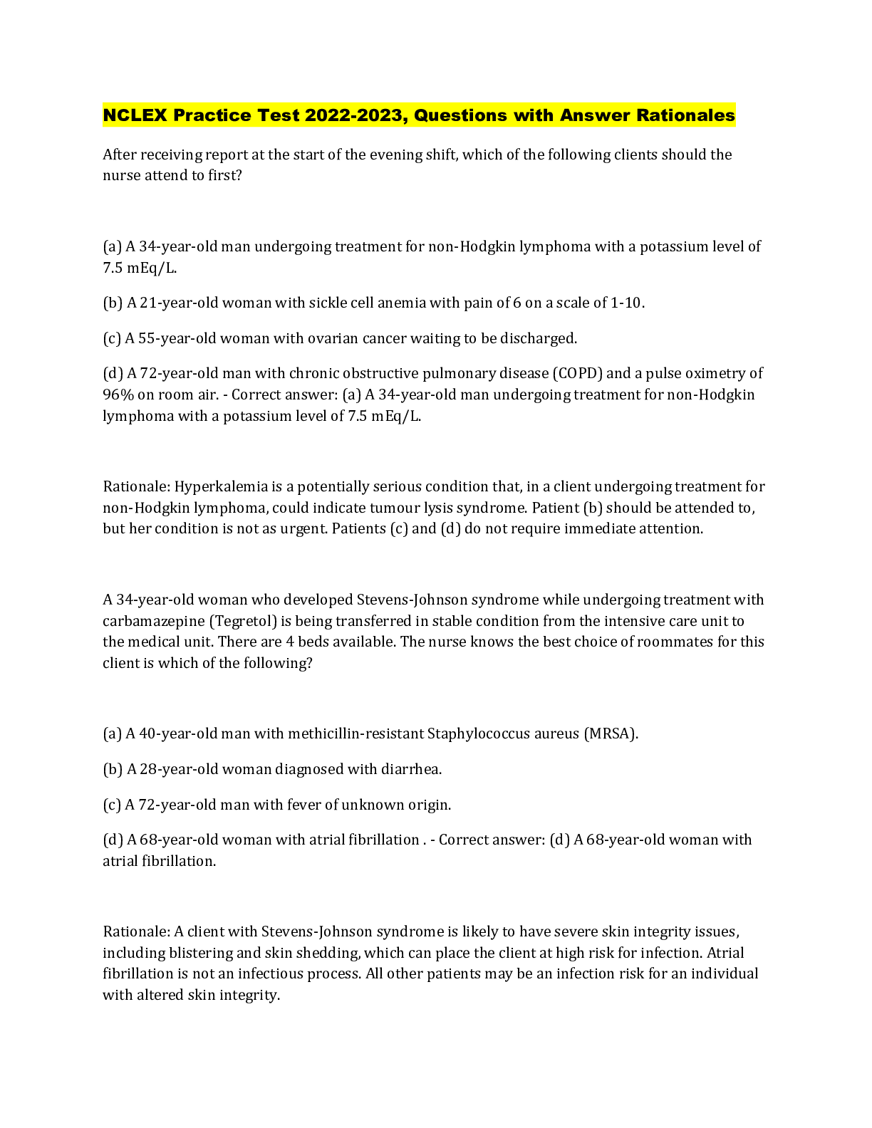 Preview image for NCLEX Practice Test 2022-2023: Questions with Detailed Rationales Explaining Correct & incorrect answers